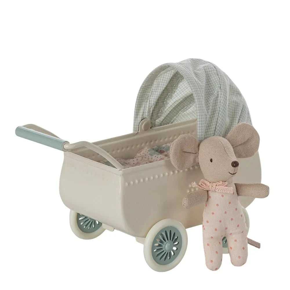 Maileg Pram With Baby Mouse Mint 5 Maileg Pram With Baby Mouse Mint - Image 3