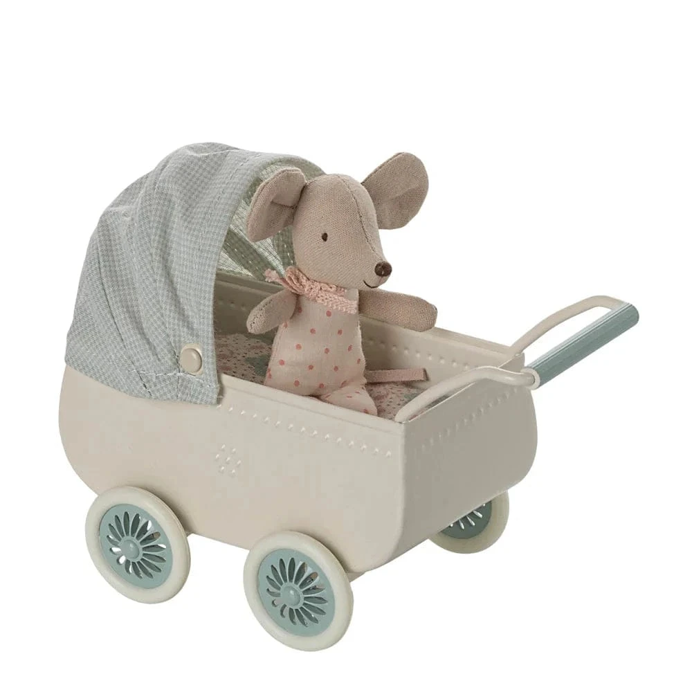 Maileg Pram With Baby Mouse Mint 4 Maileg Pram With Baby Mouse Mint - Image 2