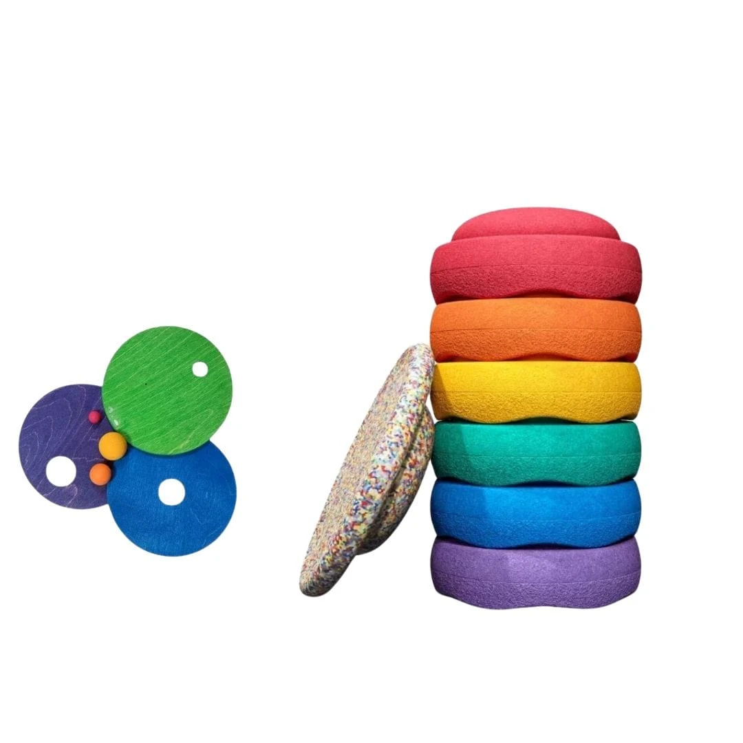 Grimm's X Stapelstein Set - Original Rainbow Classic Set Of 7 + Grimm's Rolling Disc Set 3 Grimm's X Stapelstein Set - Original Rainbow Classic Set Of 7 + Grimm's Rolling Disc Set